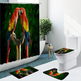 Shower Curtains Cute Animal Colourful Parrot Curtain Non-Slip Flannel Rugs Toilet Cover Bath Mat Bathroom Set Home Indoor Decor Washable