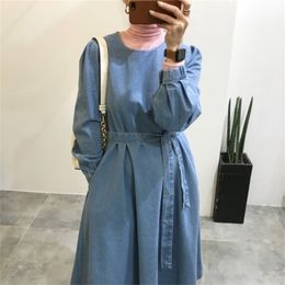 High Waist Chic Jean Dress Woman Slim Long-sleeve Bodycon O-neck Vintage Blue Maxi Dresses Female Street Clothing Spring 210603