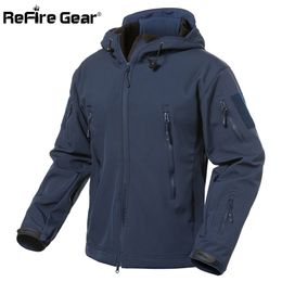 ReFire Gear Navy Blue Soft Shell Military Jacket Men Waterproof Army Tactical Coat Winter Warm Fleece Hooded Windbreaker 211217