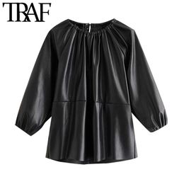 TRAF Women Fashion Faux Leather Patchwork Loose Blouses Vintage O Neck Three Quarter Sleeve Female Shirts Chic Tops 210415