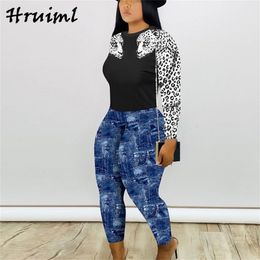 Outfits for Women Leopard Long Sleeve Elastic Waist Casual Two Piece Set Top and Pants Fashion Skinny Loungewear 210513