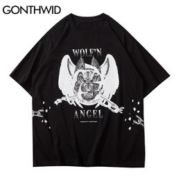 Tshirts Hip Hop Chain Wolf Print Short Sleeve Tees Shirts Streetwear Casual Cotton T-Shirts Fashion Loose Tops 210602