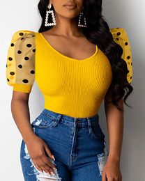 Women T Shirt Sexy Elastic O Neck Patchwork with Polka Dot Short Sleeves Summer Spring Female Tops Ladies African Fashion Bluas 210416