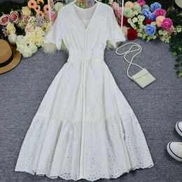 Summer Women Embroidery Party Short Sleeve White Lace Long Tunic Beach Dress 210415