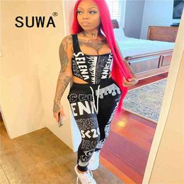 Black White Letter Printed Bodycon Trousers Sweatpants Women Jogger Leggings Vintage Casual High Waisted Pants Wholesale 210525