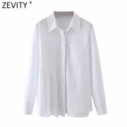 Women Hem Pleated Irregular Design White Smock Blouse Office Ladies Long Sleeve Pocket Shirt Chic Blusas Tops LS7693 210416