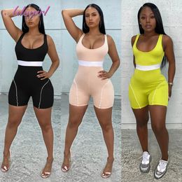 Women Ribbed Knit Fitness Playsuit Casual Solid Colour Spaghetti Strap V Neck Activewear Jumpsuit Summer Backless Outfit Rompers