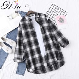 H.SA Spring Summer Women Long Blouses and Shirts Korean Fashion Clothing Plaid Blusas Outwear Overcoats Casual roupas feminina 210417