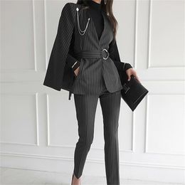 Autumn Women Office Lady 2 Piece Pant Set Runway V Neck Stripe Shawl Cloak Sleeve Blazer + Pencil OL Full Length Suit 210603