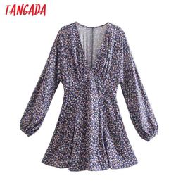 Fashion Women Purple Flowers Print V Neck Long Sleeve Ladies Casual A-line Dress 5Z67 210416