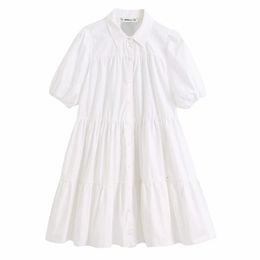 Women Sweet Fashion Ruffled White Mini Dress Vintage Lapel Collar Puff Sleeve Dresses Girls Casual Chic Vestidos Mujer 210520