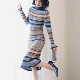 Knit dress high neck pullover autumn and winter wear style over the knee base Office Lady knitting Cotton Polyester 210416