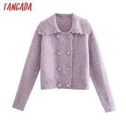 Women Elegant Purple Beading Buttons Vintage Jumper Lady Fashion Knitted Cardigan Coat 3N25 210416