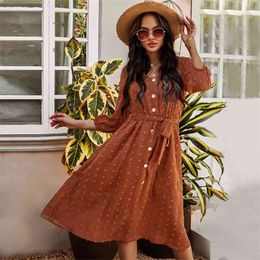 Foridol Polka Dot Ladies Elegant Long Dress Women Spring Button Sash Maxi Chiffon Dress Vintage Caramel Autumn Dress 210415