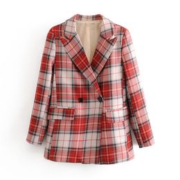 Stylish Double Breasted Plaid Women Blazer Pockets Jackets Female Retro Suits Coat Feminino blazers Outerwear High Quality 210430