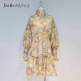 Vintage Bandage Dress For Women Stand Collar Long Sleeve High Waist Print Mini Dresses Female Fashion Clothing 210520