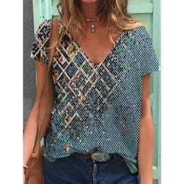 Lucyever Summer Tie Dye Geometric Print V-neck Women T-shirt Casual Vintage Short Sleeve T Shirt Mujer Plus Size Woman Tees 210521