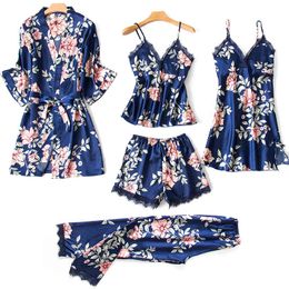 Sexy Ice Silk Lingerie Pyjamas Set Women's 5 Piece Set Sexy Temptation Pyjamas Cute Suspenders Tops And Shorts X0526