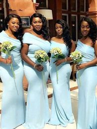 2022 Spring Garden Bridemsaid Dresses Light Sky Blue Satin One Shoulder Plus Size Maid Of Honour Gowns Sweep Train African Mermaid Wedding Guest Prom Dress CL0058