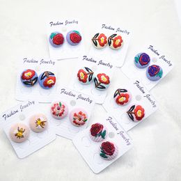 Bohemia Handmade Cloth Button Studs Earrings for Women Delicate Embroidery Flower Earrings Nice Gift Retro Wedding Brincos