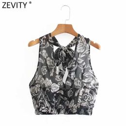 Zevity Women Sexy Transparent Totem Floral Print Short Smock Blouse Female Backless Bow Tied Shirts Roupas Chic Crop Tops LS9324 210603