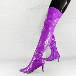 Zip -Oberschenkel -Seitenstiefel hohe Frauen 7,5 cm Mid Heels glänzend über den Knie Damen Party Schuhen Frau Großgröße 39 42 43 47 738 337