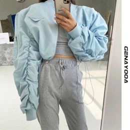 Genayooa Streetwear Spring Autumn Chic Jaket Women Clothes Korean Style Coat Ladies Pleated Lace Up Long Sleeve Jackets 211014