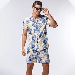 Men T Shirts 2021 Fashion Pineapple Leaves Printed Mens Hawaiian Short Sleeve Summer Designer Loose Shirt And Shorts Set Beachwear