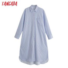 Tangada Fashion Women Blue Striped Print Shirt Dress Long Sleeve Ladies Oversized Midi Dress 5Z97 210609