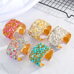 Dayoff European Bohemian Metal Zircon Bracelet Colourful Rhinestone Resin Stone Open Adjustable Wide Cuff Bracelet Women Jewellery Q0719