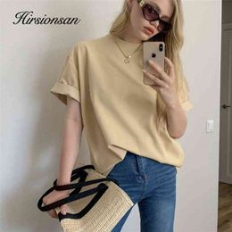 Hirsionsan Casual Cotton Basic T-Shirt Women Soft Oversized Solid Colour Female Tees Harajuku Elegant Ladies Summer Tops Green 210623