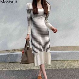 V-neck Striped Knitted Women Dress Full Sleeve High Stretch A-line Dresses Fashion Korean Ladies Vestidos Femme 210513