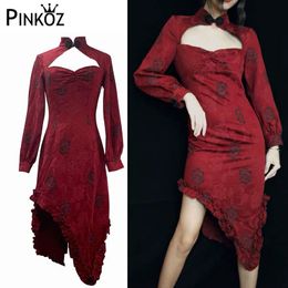 arrival Qipao Dress Women's Flower Embroidery slim hollow out sexy Asymmetric Tunic Party Prom midi Red 210421