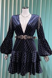 French Special-Interest Design Elegant Socialite Autumn New Velvet Dress Womens Deep V-neck Sexy Skirt with Belt