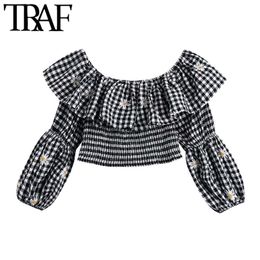 TRAF Women Fashion Floral Embroidery Cropped Blouses Vintage Ruffle Elastic Neck Lantern Sleeve Female Shirts Chic Tops 210415