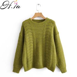 H.SA Fall Fashion Oneck Twisted Loose Knit Tops Chic Pull Femme Hollow Out Female Sweaters Solid Knitwear 210417