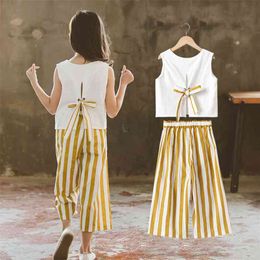 Korean Summer Girls Clothing Set Teenage White Sleeveless Tops and Wide Leg Pants Blue Stripes Outfits for Kids 8 12 Years 210622