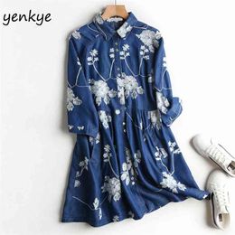Floral Embroidery Denim Dress Women Lapel Collar Half Sleeve Casual Vintage Blue A-Line Summer Short Tunic 210514