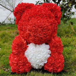 Rose Bear 40cm Pink Teddy Rose Bear With Love Heart Artificial Flower Decoration Valentines Day Gift Y1216