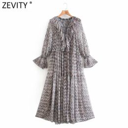 Women Vintage V Neck Cascading Ruffle Pressed Pleat Tie Dyed Print Chiffon Dress Female Chic Casual Kimono Vestido DS8152 210420