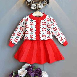 Gooporson Fall Clothes for Girls Flower Embroidery Knit Sweater Cardigan&skirt Christmas Winter Clothing Set Little Kids Outfits 210715