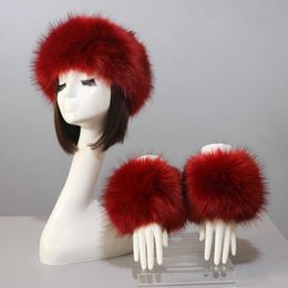 One Set Women Faux Fox Fur Cuffs + Headband Winter Warmer Hat Arm Wrist Sleeve Gloves Female Cap+elastic Wristband