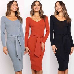 Sexy V Neck Women Bodycon Dress Autumn Casual Solid Backless Ladies Midi Dresses Fashion Sashes Package Hip Party Dress Vestidos 210507