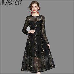 Spring summer fashion women long sleeve O neck Embroidery Women Lace Dress 210531