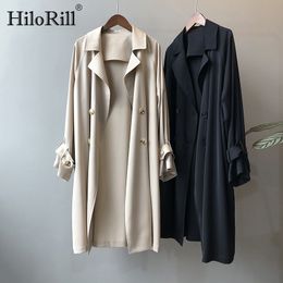 Fashion Solid Color Women Trench Coat Loose Double Breasted Windbreaker Ladies Casual Long Overcoat Abrigo Mujer 210508