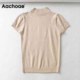 Casual Solid Knitted T Shirt Women Short Sleeve Soft Home Tshirt Turtleneck Lady Thin Tops Summer Mujer Camisetas 210413