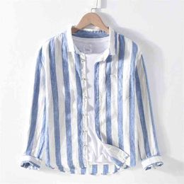 1901 Men Spring Fall Fashion Brand Linen Long Sleeve Nave Blue Strip Patchwork Turn Down Collar Casual Classical Male Chic Shirt 210626