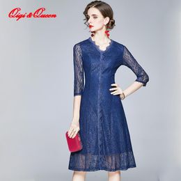 qiqi fashion Canada - Qiqi&queen 2021 Spring Lace Dress Work Casual Fashion V-neck Hollow Out Dresses Elegant Slim Women A-line Vintage Vestidos