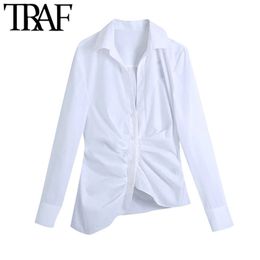 Women Fashion Draped Asymmetry White Blouses Vintage Long Sleeve Button-up Female Shirts Blusas Chic Tops 210507