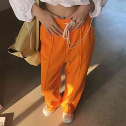 Spring Autumn Korea Fashion Women Trousers Elastic Waist Orange Loose Pants All-matched Casual Cotton Wide Leg V54 210512